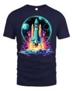 Retro Neon Rocket Launch Graphic T-Shirt for Space Lovers - navy t-shirt on white background