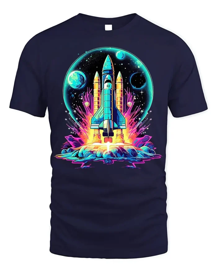 Retro Neon Rocket Launch Graphic T-Shirt for Space Lovers - navy t-shirt on white background