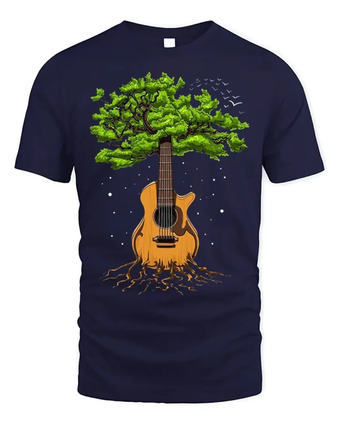 Tree Guitar Nature Music Graphic T-Shirt for Music Lovers - navy t-shirt on white background