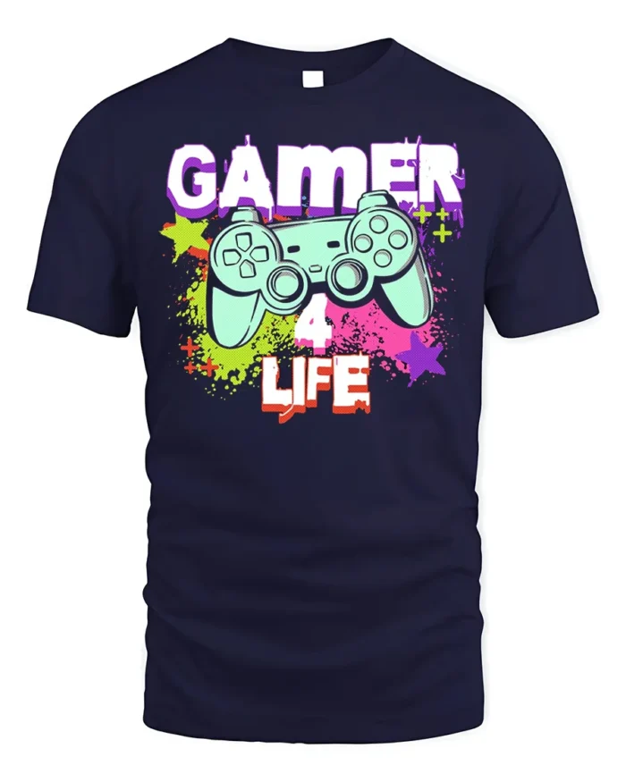 Gamer 4 Life Retro Controller Graphic T-Shirt for Gamers - navy t-shirt on white background
