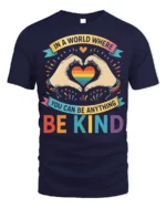 Be Kind Rainbow Heart Pride T-Shirt with Positive Message - navy t-shirt on white background