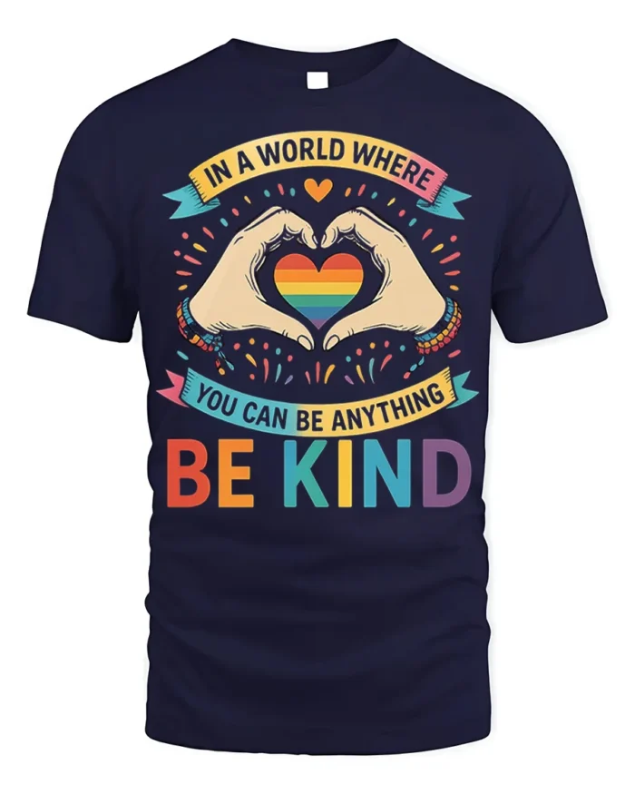 Be Kind Rainbow Heart Pride T-Shirt with Positive Message - navy t-shirt on white background