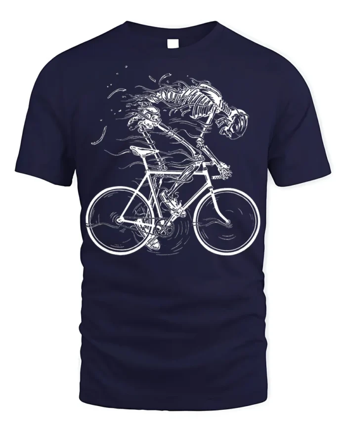 Skeleton Riding Bike T-Shirt for Cyclists and Gothic Fans - navy t-shirt on white background