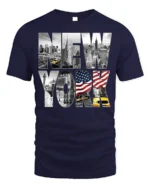 New York City Skyline T-Shirt with Statue and Flag Design - navy t-shirt on white background