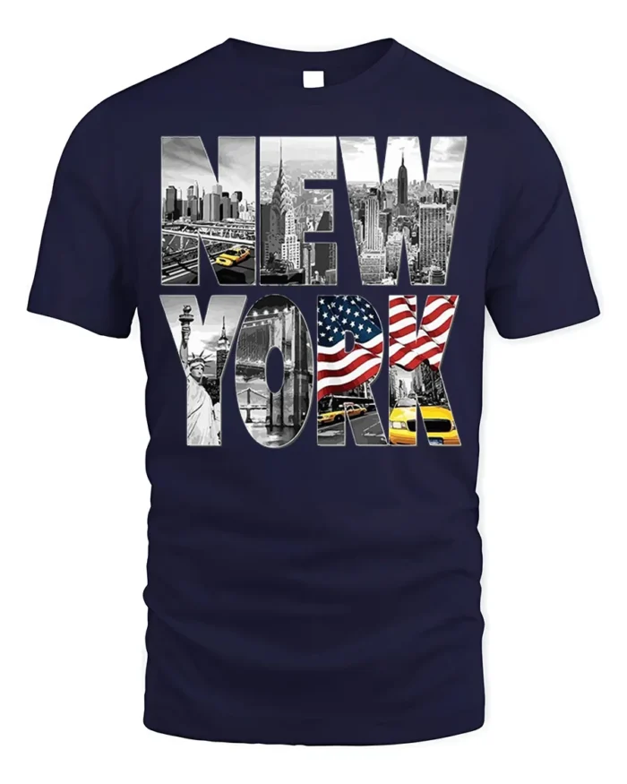 New York City Skyline T-Shirt with Statue and Flag Design - navy t-shirt on white background