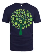 Eco Tree T-Shirt with Green Energy and Sustainability Icons - navy t-shirt on white background