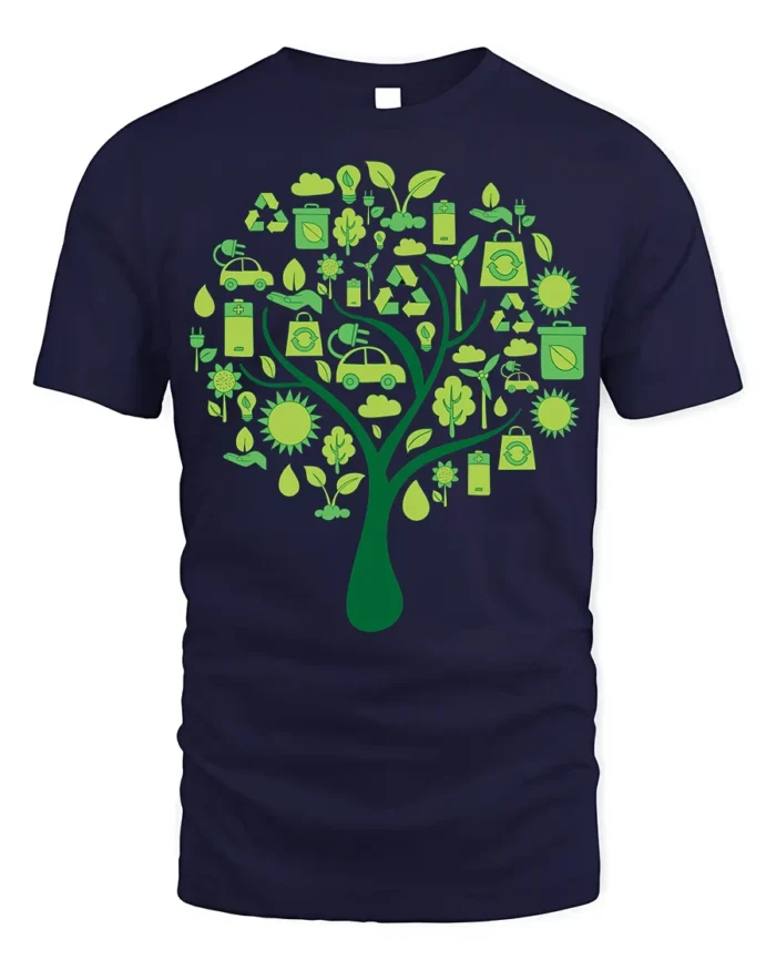 Eco Tree T-Shirt with Green Energy and Sustainability Icons - navy t-shirt on white background