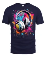 Colorful Headphones T-Shirt for Music Lovers and DJs - navy t-shirt on white background