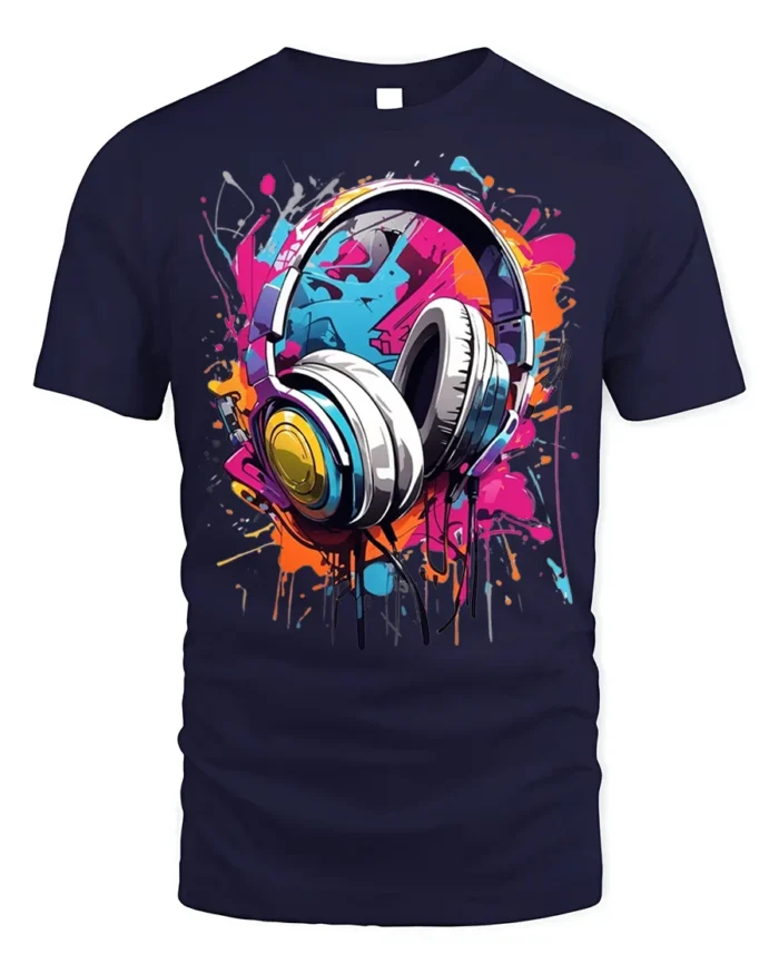 Colorful Headphones T-Shirt for Music Lovers and DJs - navy t-shirt on white background