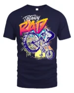 Totally Rad BMX Trick T-Shirt with 80s Retro Vibe Design - navy t-shirt on white background