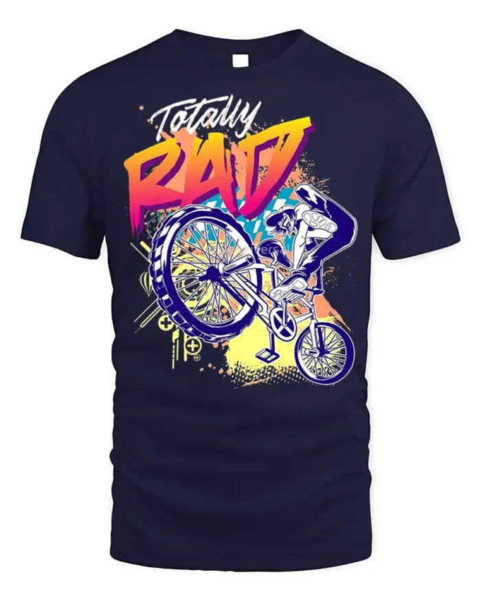 Totally Rad BMX Trick T-Shirt with 80s Retro Vibe Design - navy t-shirt on white background