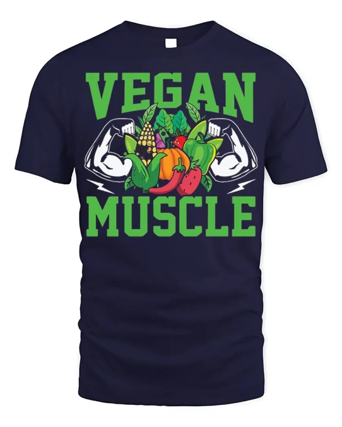 Vegan Muscle T-Shirt with Bold Veggie and Fitness Design - navy t-shirt on white background