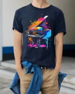 Color Splash Piano Art T-Shirt for Music and Art Lovers - model wearing navy shirt, hands in pockets