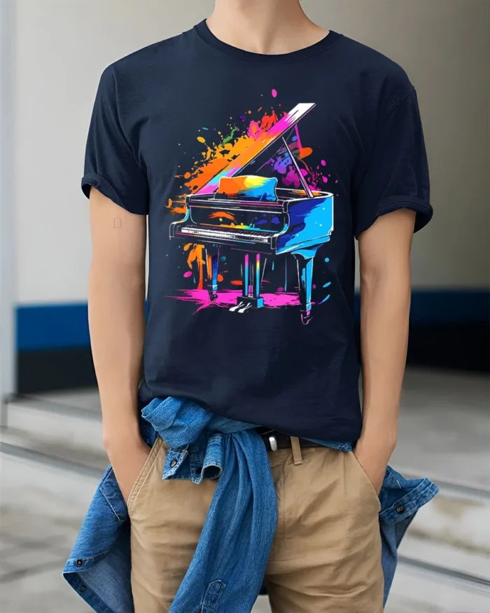 Color Splash Piano Art T-Shirt for Music and Art Lovers - model wearing navy shirt, hands in pockets