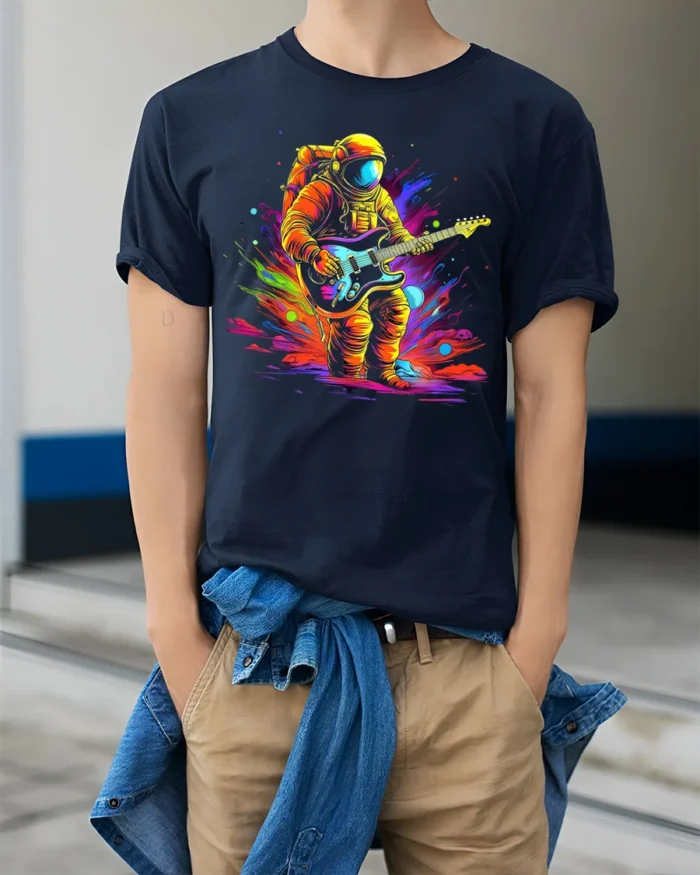 Astronaut Guitar Blast Graphic T-Shirt for Music Lovers - model wearing navy shirt, hands in pockets