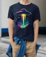 Psychedelic UFO Abduction Graphic T-Shirt for Space Fans - model wearing navy shirt, hands in pockets