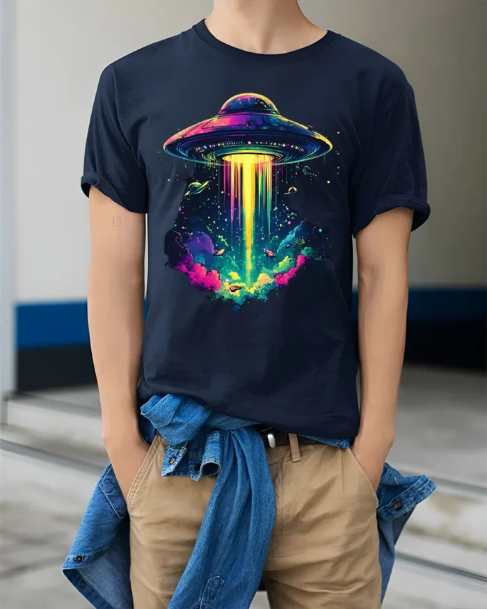 Psychedelic UFO Abduction Graphic T-Shirt for Space Fans - model wearing navy shirt, hands in pockets