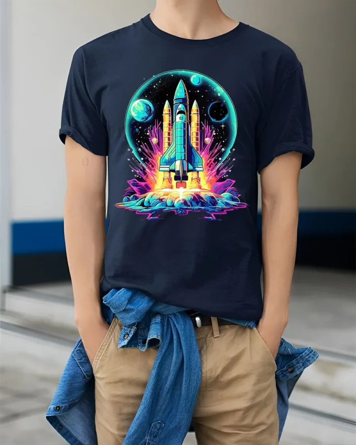Retro Neon Rocket Launch Graphic T-Shirt for Space Lovers - model wearing navy shirt, hands in pockets