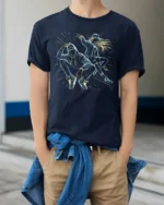 Urban Street Dance Graphic T-Shirt with Hip Hop Vibes - model wearing navy shirt, hands in pockets