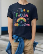 The Future Is Inclusive Rainbow Graphic T-Shirt for All - model wearing navy shirt, hands in pockets