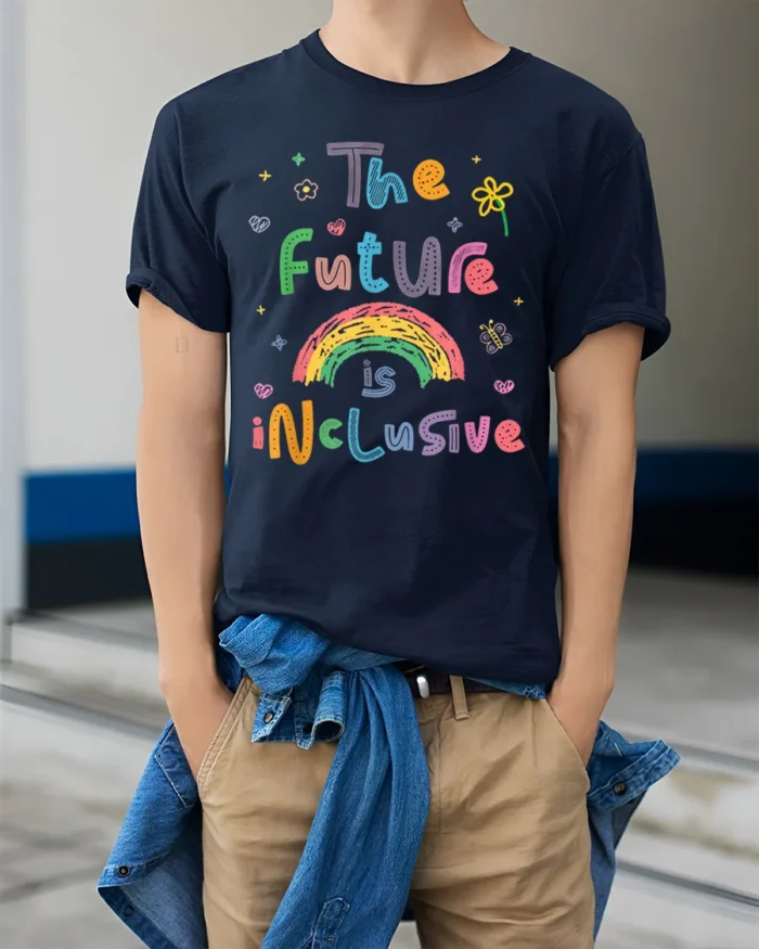 The Future Is Inclusive Rainbow Graphic T-Shirt for All - model wearing navy shirt, hands in pockets
