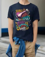 Take the High or Low Road Quote Graphic T-Shirt Unisex - model wearing navy shirt, hands in pockets