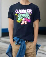 Gamer 4 Life Retro Controller Graphic T-Shirt for Gamers - model wearing navy shirt, hands in pockets