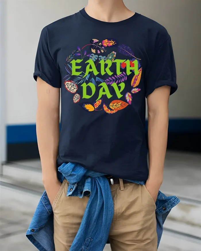 Earth Day T-Shirt with Colorful Leaves Nature Graphic - model wearing navy shirt, hands in pockets