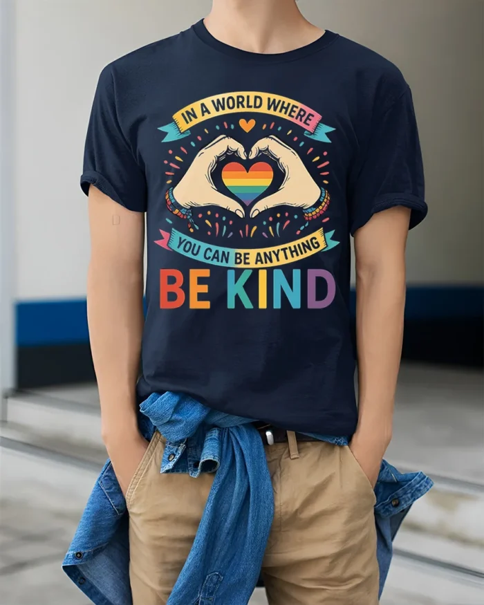 Be Kind Rainbow Heart Pride T-Shirt with Positive Message - model wearing navy shirt, hands in pockets