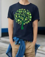 Eco Tree T-Shirt with Green Energy and Sustainability Icons - model wearing navy shirt, hands in pockets