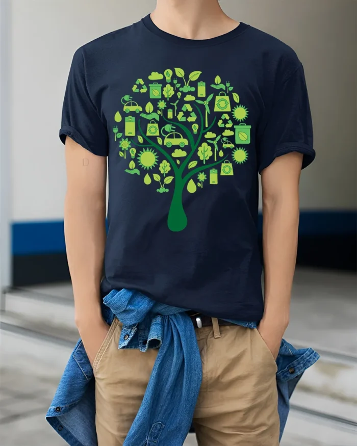Eco Tree T-Shirt with Green Energy and Sustainability Icons - model wearing navy shirt, hands in pockets