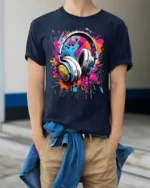 Colorful Headphones T-Shirt for Music Lovers and DJs - model wearing navy shirt, hands in pockets