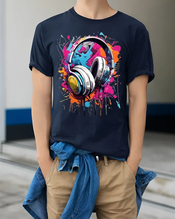 Colorful Headphones T-Shirt for Music Lovers and DJs - model wearing navy shirt, hands in pockets
