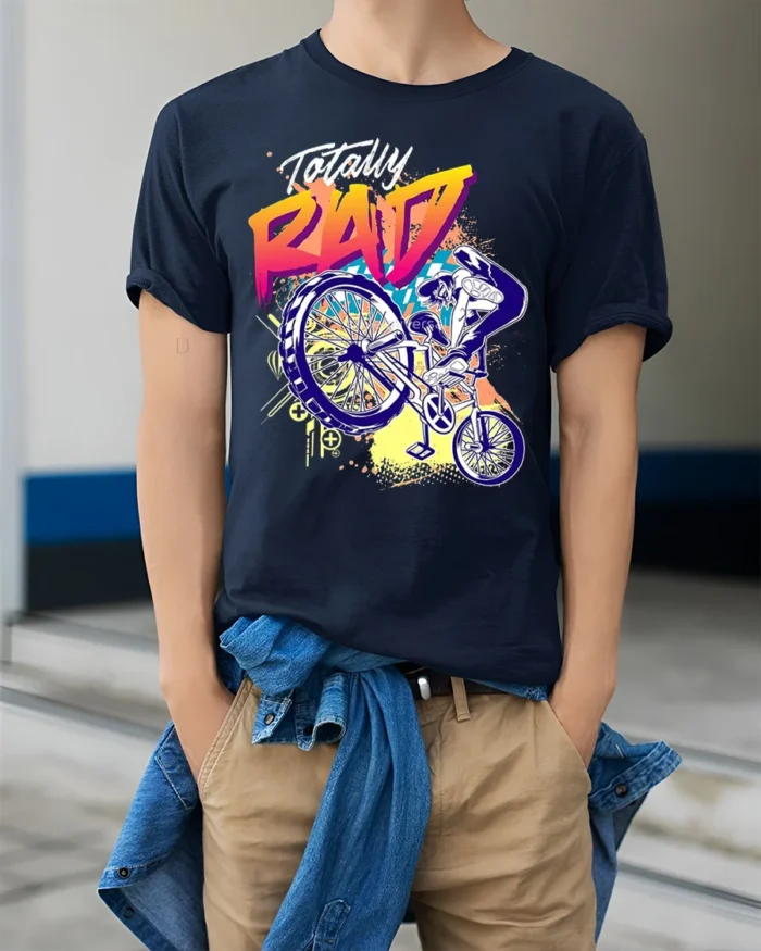 Totally Rad BMX Trick T-Shirt with 80s Retro Vibe Design - model wearing navy shirt, hands in pockets