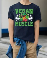 Vegan Muscle T-Shirt with Bold Veggie and Fitness Design - model wearing navy shirt, hands in pockets