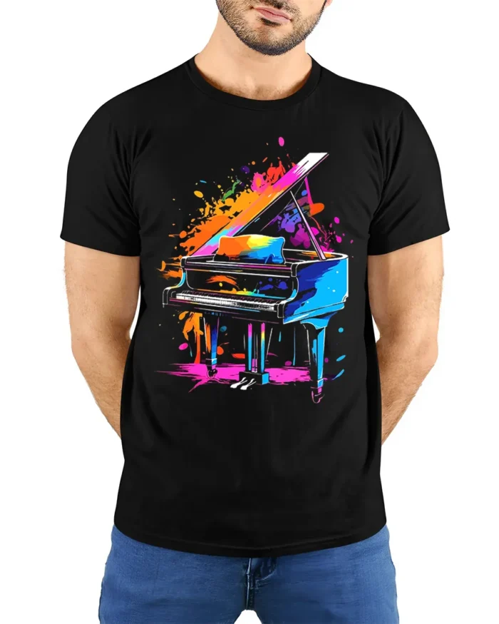 Color Splash Piano Art T-Shirt for Music and Art Lovers - model wearing black shirt, hands behind back