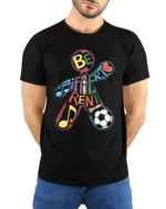 Be Different T-Shirt with Music, Art, and Sports Design - model wearing black shirt, hands behind back
