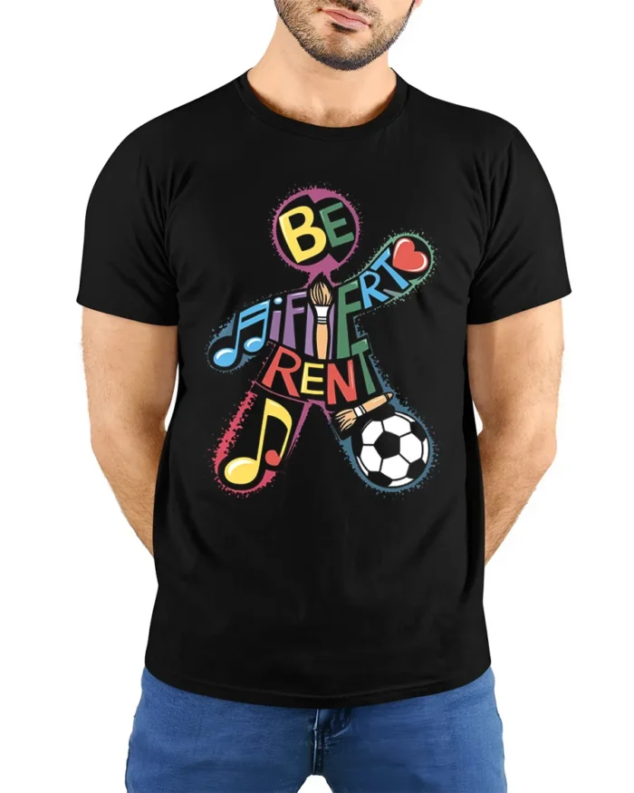 Be Different T-Shirt with Music, Art, and Sports Design - model wearing black shirt, hands behind back