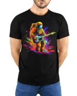Astronaut Guitar Blast Graphic T-Shirt for Music Lovers - model wearing black shirt, hands behind back