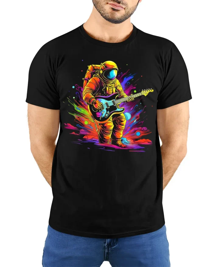 Astronaut Guitar Blast Graphic T-Shirt for Music Lovers - model wearing black shirt, hands behind back