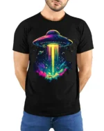 Psychedelic UFO Abduction Graphic T-Shirt for Space Fans - model wearing black shirt, hands behind back