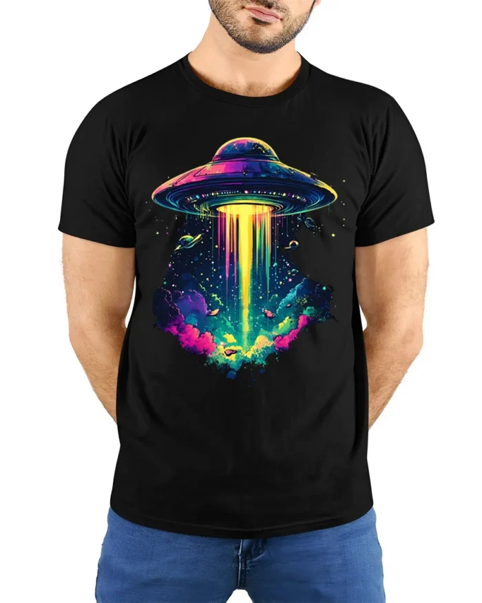Psychedelic UFO Abduction Graphic T-Shirt for Space Fans - model wearing black shirt, hands behind back