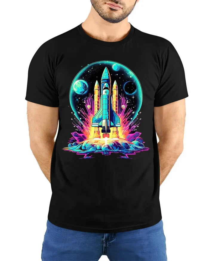 Retro Neon Rocket Launch Graphic T-Shirt for Space Lovers - model wearing black shirt, hands behind back