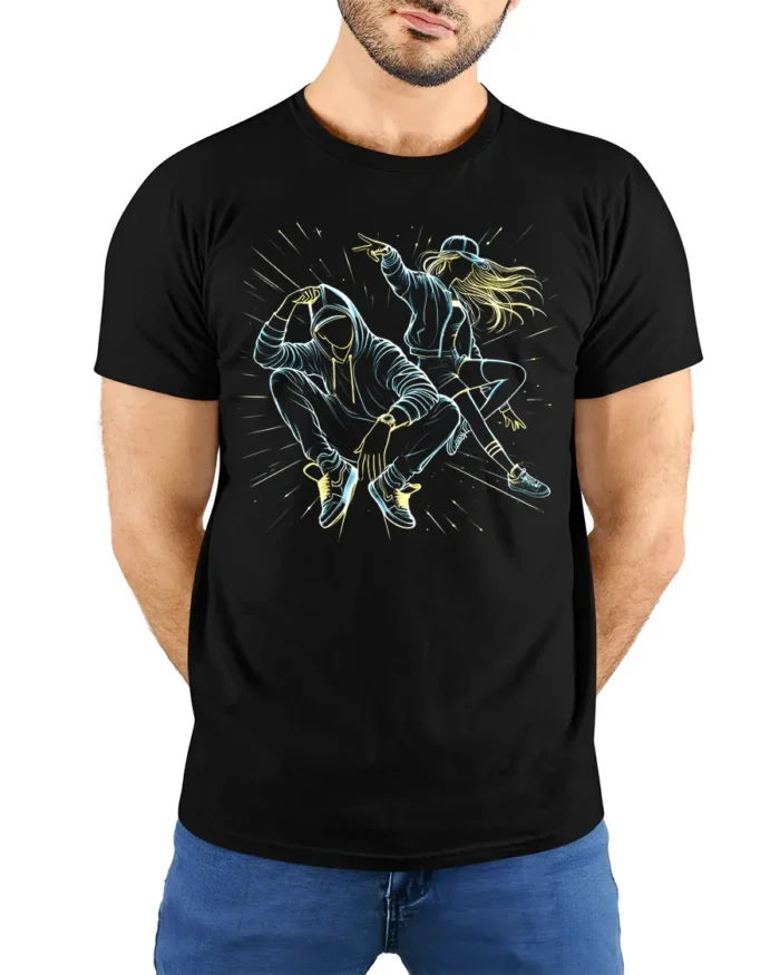 Urban Street Dance Graphic T-Shirt with Hip Hop Vibes - model wearing black shirt, hands behind back