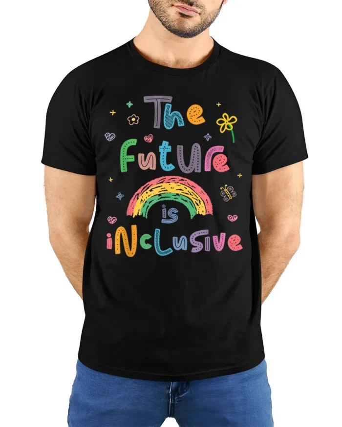 The Future Is Inclusive Rainbow Graphic T-Shirt for All - model wearing black shirt, hands behind back
