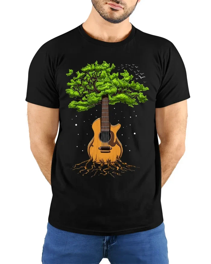 Tree Guitar Nature Music Graphic T-Shirt for Music Lovers - model wearing black shirt, hands behind back
