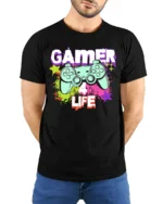 Gamer 4 Life Retro Controller Graphic T-Shirt for Gamers - model wearing black shirt, hands behind back