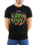Earth Day T-Shirt with Colorful Leaves Nature Graphic - model wearing black shirt, hands behind back