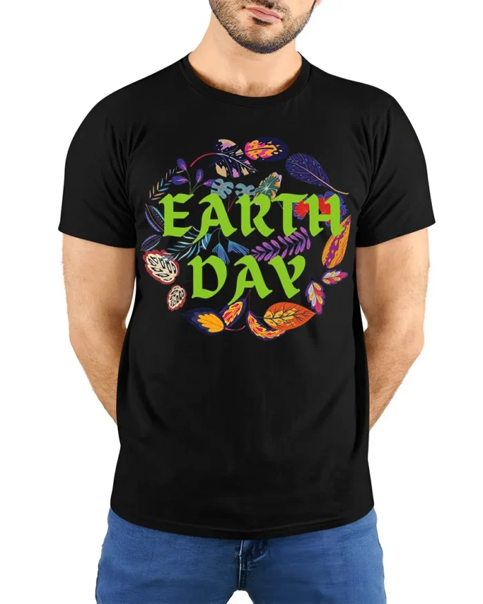 Earth Day T-Shirt with Colorful Leaves Nature Graphic - model wearing black shirt, hands behind back