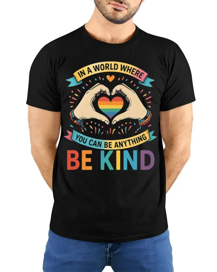 Be Kind Rainbow Heart Pride T-Shirt with Positive Message - model wearing black shirt, hands behind back